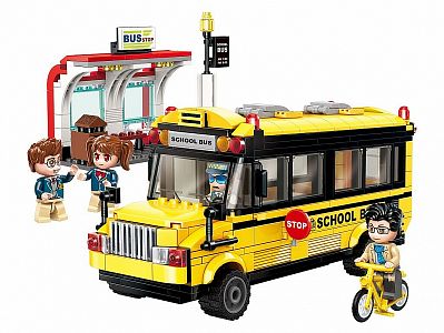 Qman Colorful City 1136 Školní autobus se zastávkou 440 dílků a 4 figurky