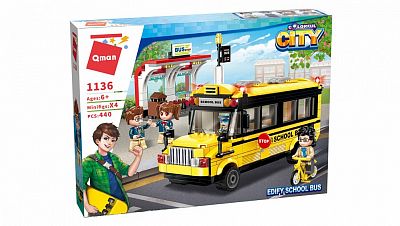 Qman Colorful City 1136 Školní autobus se zastávkou 440 dílků a 4 figurky